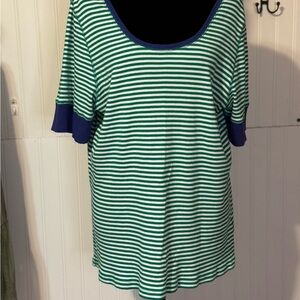 Green & White Striped Scoop Neck Top with Navy Trim Sz 2xl